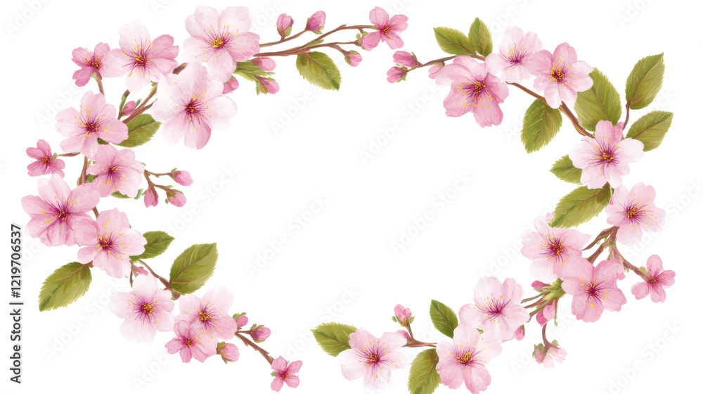A delicate spring flower frame made of pastel pink cherry blossoms and green leaves, arranged in a circular design on a soft white background A delicate spring flower frame made of pastel pink cherry blossoms and green leaves, arranged in a circular design on a soft white background