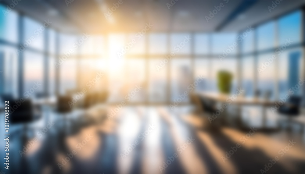 Abstract blurred modern spacious office background with beautiful lighting and big panoramic windows Abstract blurred modern spacious office background with beautiful lighting and big panoramic windows