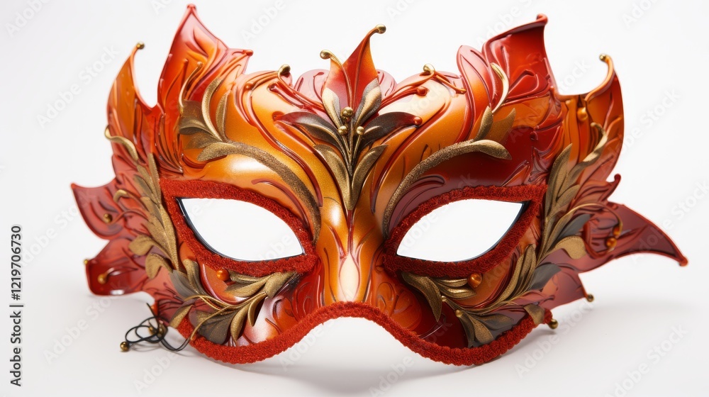 Naklejka premium Elegant red and gold masquerade mask showcasing intricate artistry. Generative AI