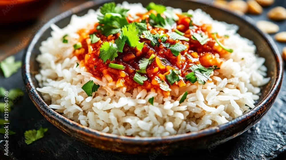 Image of a rice dish with spicy chili and fresh cilantro on a textured stone plate. Ideal for spicy food lovers and recipe collections. Image of a rice dish with spicy chili and fresh cilantro on a textured stone plate. Ideal for spicy food lovers and recipe collections.