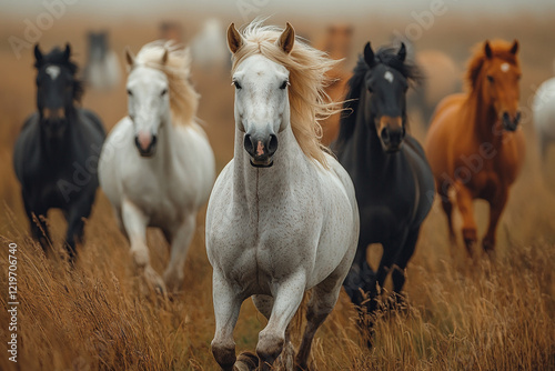 White Horse Leading Herd Across Golden Field