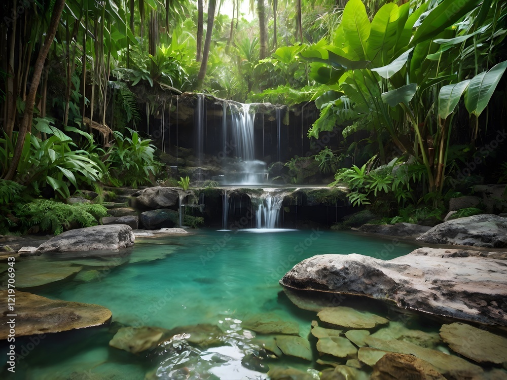 Naklejka premium Serene Waterfall Oasis Lush Tropical Paradise