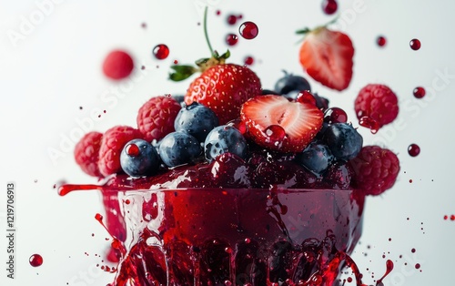 A vibrant splash of red berry compote with flying strawberries, raspberries, and blueberries, bursting energetically on a clean white background