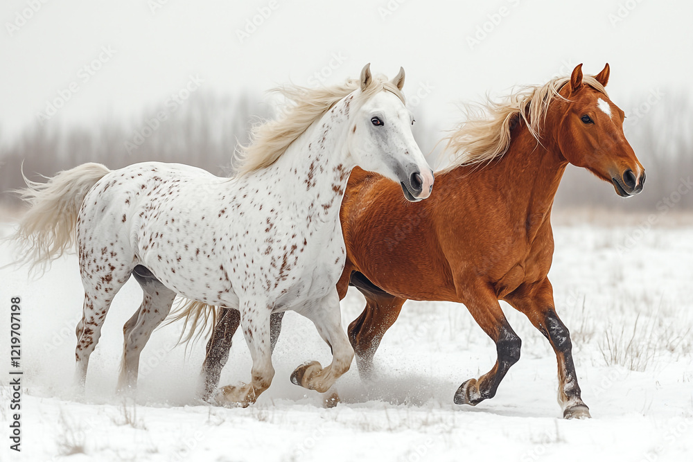 Obraz premium Two Horses Run Through Snowy Winter Landscape