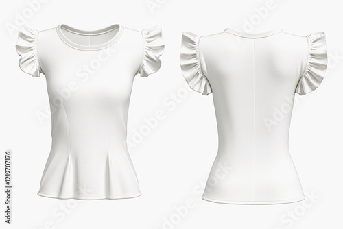 White women's ruffle t-shirt mockup, front and back view. For printing prints or logo design.