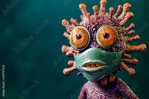 Cartoon surprised monster microbe in protective mask. Copy space. For children's books, hospital