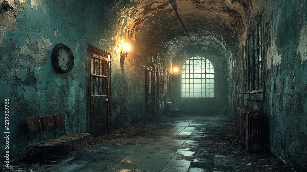 Abandoned mental asylum with decaying walls, flickering lights, and eerie silence, horror setting Abandoned mental asylum with decaying walls, flickering lights, and eerie silence, horror setting