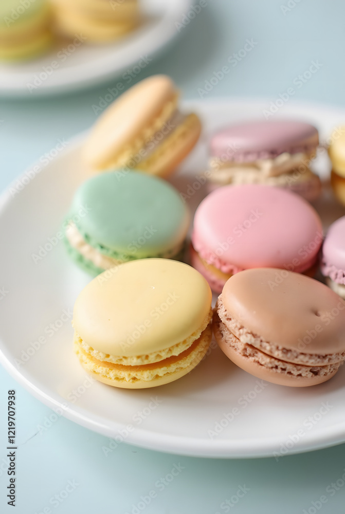 Fototapeta premium Bright pastel macarons on a white plate - close-up for a banner dedicated to gourmet desserts, pastries, food photography and sweet treats.