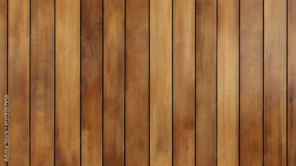 Obraz premium Smooth Teak Wood Plank Pattern Featuring Golden-Brown Tones, Straight Grains, and a Slightly Oiled Finish, Ideal for Tropical and Luxurious Design Aesthetics