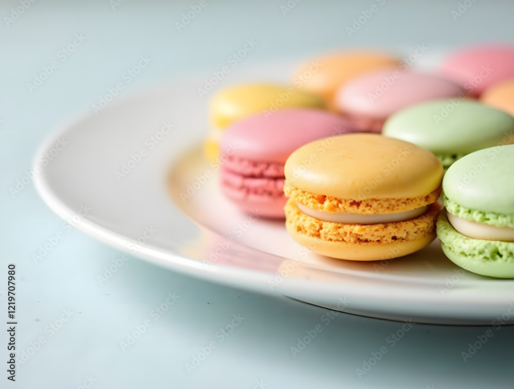 Bright pastel macarons on a white plate - close-up for a banner dedicated to gourmet desserts, pastries, food photography and sweet treats. Bright pastel macarons on a white plate - close-up for a banner dedicated to gourmet desserts, pastries, food photography and sweet treats.