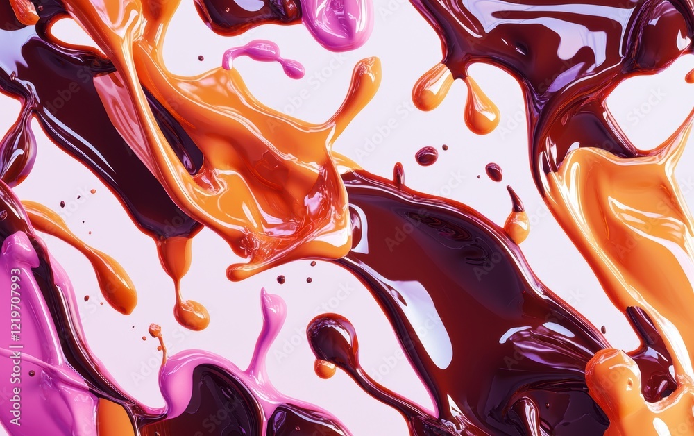 Obraz premium Bright neon chocolate liquid splashes forming abstract shapes, floating on a high-contrast white background