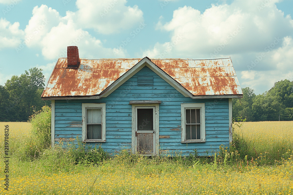 Rustic Blue House in a Field of Yellow Flowers