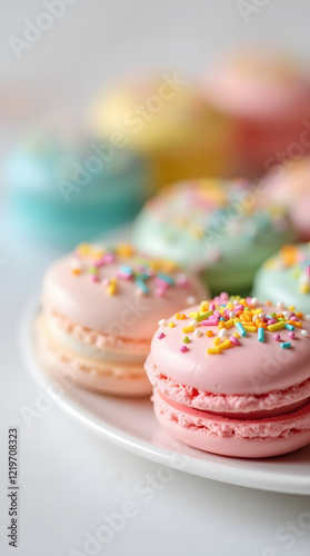 Bright pastel macarons on a white plate - close-up for a banner dedicated to gourmet desserts, pastries, food photography and sweet treats.