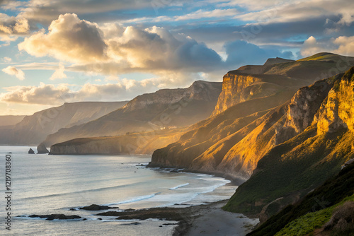 Golden hour seaside cliffs, A stunning coastal landscape at sunset, featuring golden cliffs, rolling waves, and dramatic clouds, creating a picturesque natural scene.