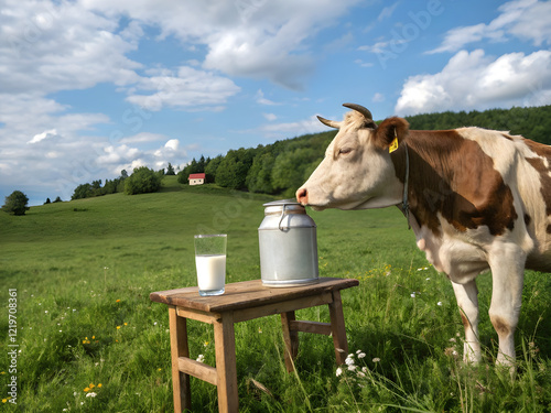 Kuh auf grüner Wiese mit Milchkanne und Glas unter blauem Himmel - KI generiert photo