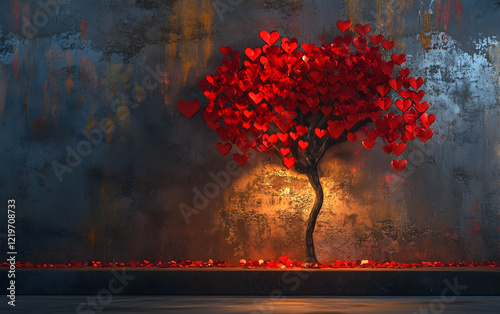 Red heart tree standing in an artistic Valentinea??s Day setting, symbolizing everlasting love photo