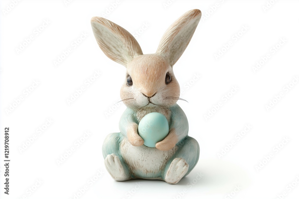 Obraz premium Cute ceramic rabbit holding blue egg figurine
