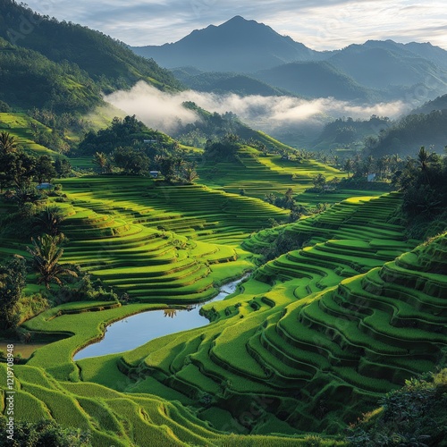 Green terraced rice paddies in misty mountains.