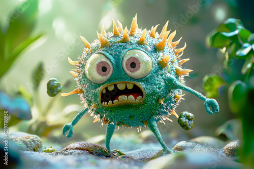 Scared monster microbe in natural habitat. Illustration for children's books, hospitals posters 
