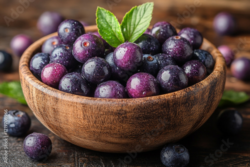 A Wooden Bowl Filled With Juicy Dark Berries