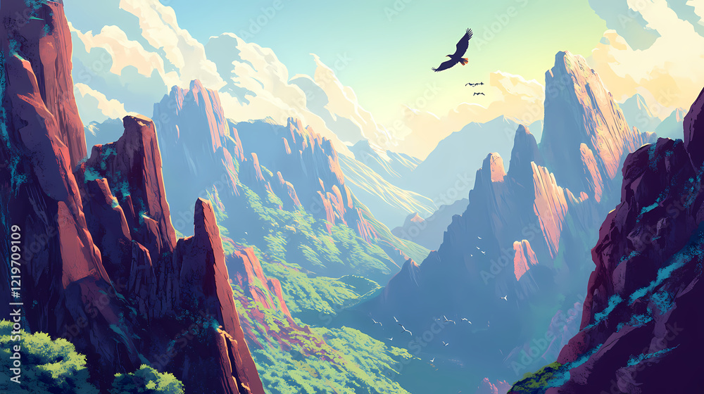 Fototapeta premium Rocky cliffs of the mongolian mountain range, with eagles soaring above, wild and untamed landscape. Wild Cliffs. Illustration