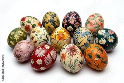 Colorful hand-painted floral easter eggs arranged on white background photo