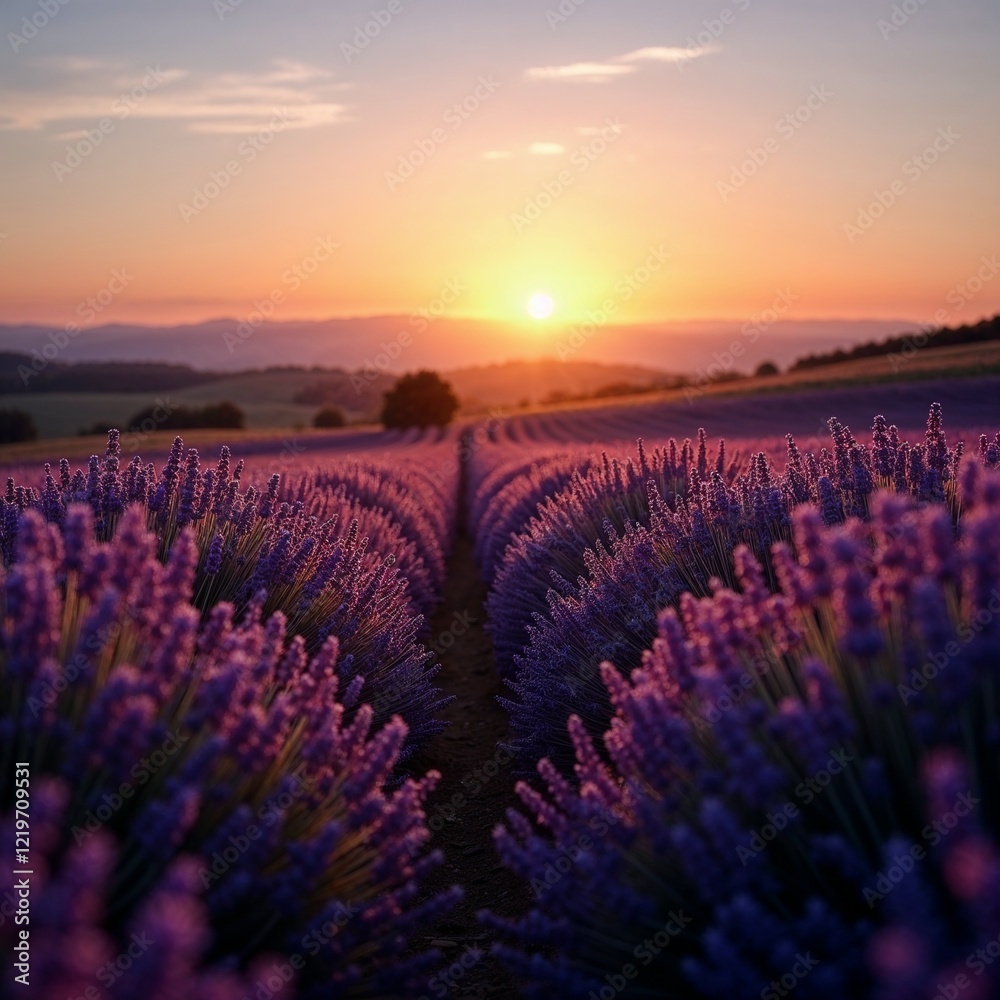Obraz premium Lavender field at sunset, serene countryside landscape with vibrant colors
