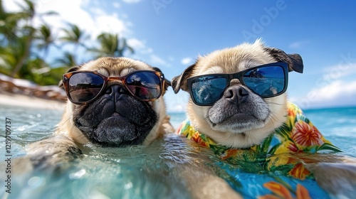 Two pugs wearing sunglasses relax in a pool, surrounded by tropical scenery, embodying a fun and carefree summer vibe.