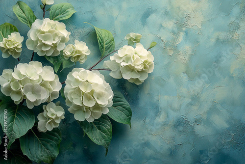 Wallpaper Mural White Hydrangeas Branch Green Leaves Teal Background Torontodigital.ca