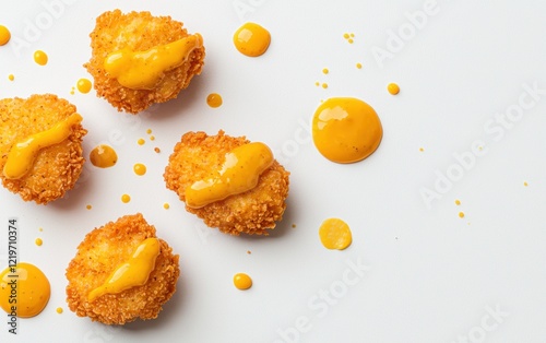 Crispy chicken nuggets with mustard sauce splashes on a plain white backdrop photo