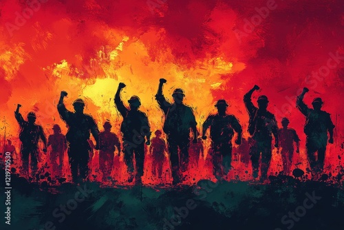 Silhouetted figures marching, fiery background, raised fists.
