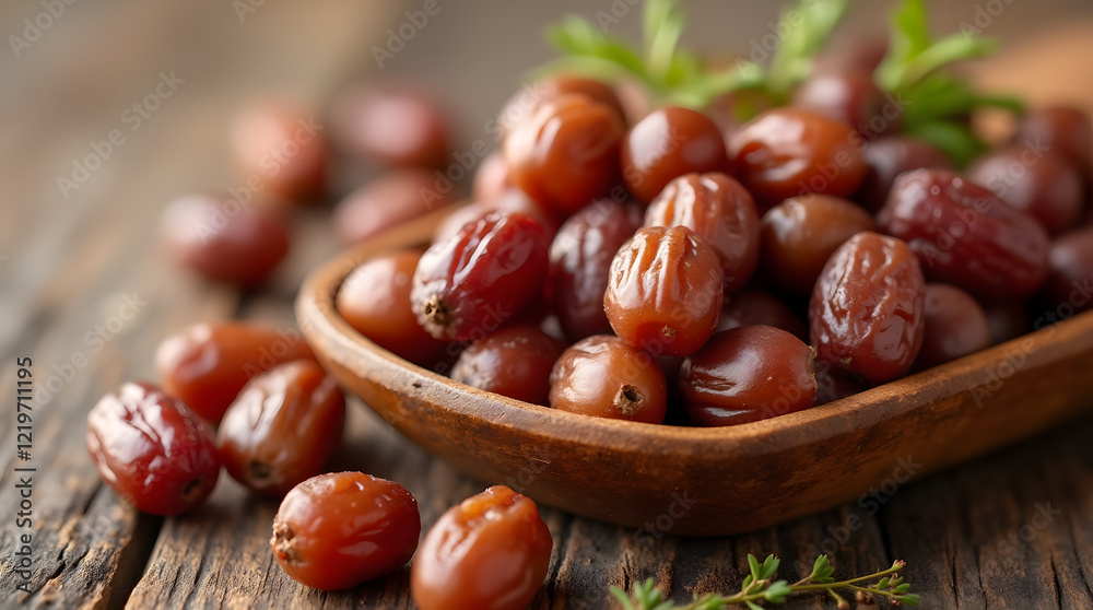 Obraz premium Close up of fresh brown dates against panoramic background - perfect for organic food, nutrition and Middle Eastern cuisine themes.