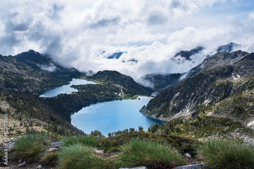 Mountain lake amid forests and green vegetation in summer