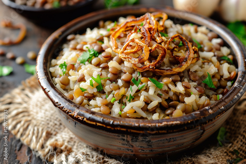 Mujaddara - dish with lentils and rice. Vegetarian food. photo