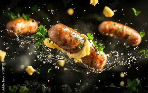 Boiled sausages flying with butter and parsley splashes in the air. photo