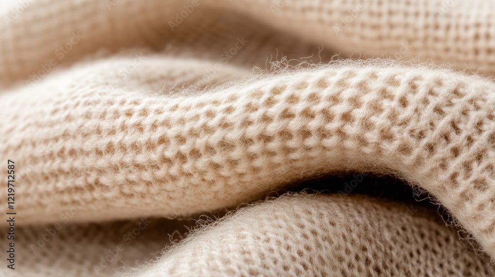 Closeup of soft beige woolen fabric with detailed texture and subtle light Closeup of soft beige woolen fabric with detailed texture and subtle light
