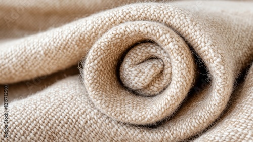 Cozy beige wool blanket rolled up in a close-up textile texture shot
