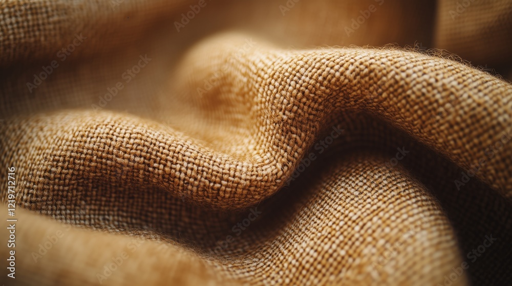 Fototapeta premium Close-up of folded burlap fabric texture in warm light