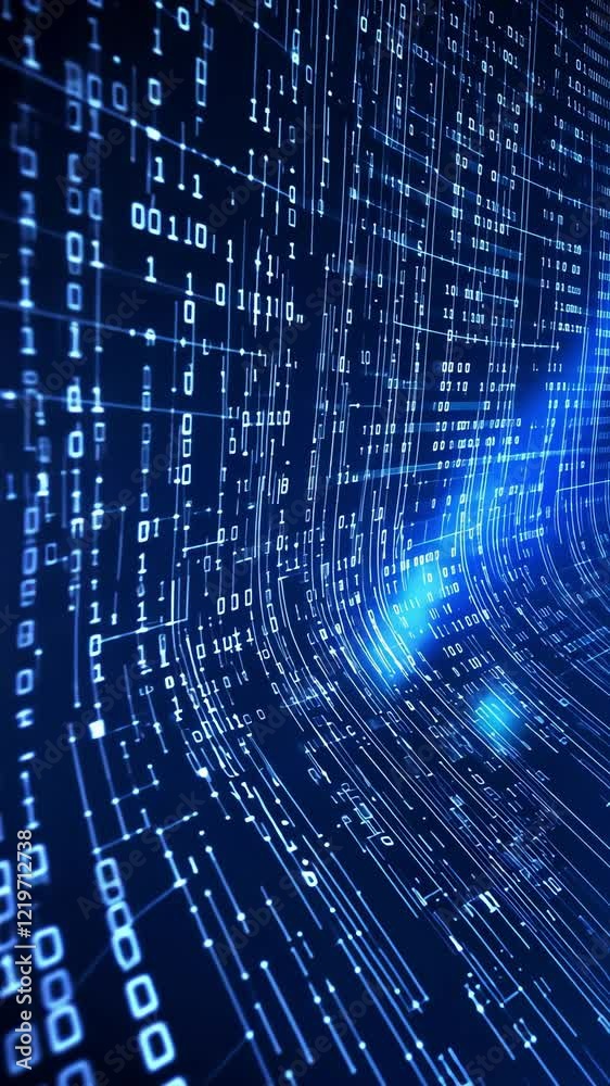 Binary data flows through mesmerizing pattern against a blue digital background Binary data flows through mesmerizing pattern against a blue digital background