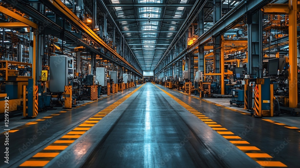 An empty factory floor with halted machinery and scattered safety vests An empty factory floor with halted machinery and scattered safety vests