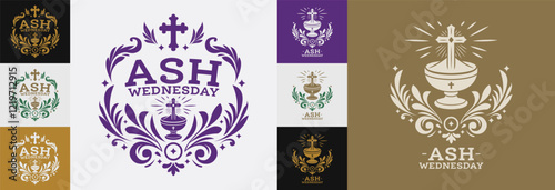 Ash Wednesday, Lent catholic Christian holy week celebration, emblem set design collection