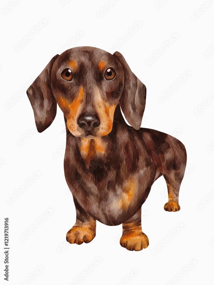 Watercolor illustration, clipart with a dachshund on the white background. Perfect for home decor, posters, cards, stickers, children’s book illustrations, pattern making, printing on mugs, clothing Watercolor illustration, clipart with a dachshund on the white background. Perfect for home decor, posters, cards, stickers, children’s book illustrations, pattern making, printing on mugs, clothing