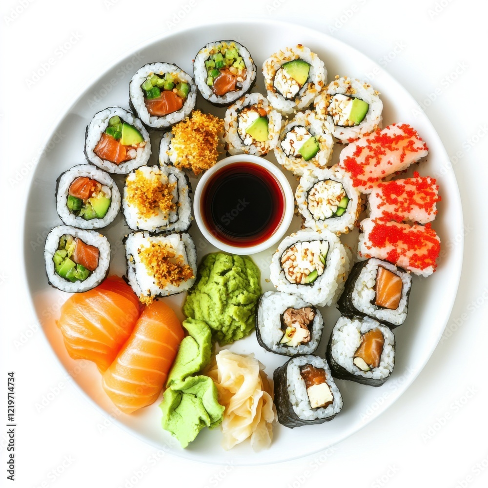 A platter of assorted sushi rolls with wasabi and soy sauce, isolated white background, impressionist art style A platter of assorted sushi rolls with wasabi and soy sauce, isolated white background, impressionist art style