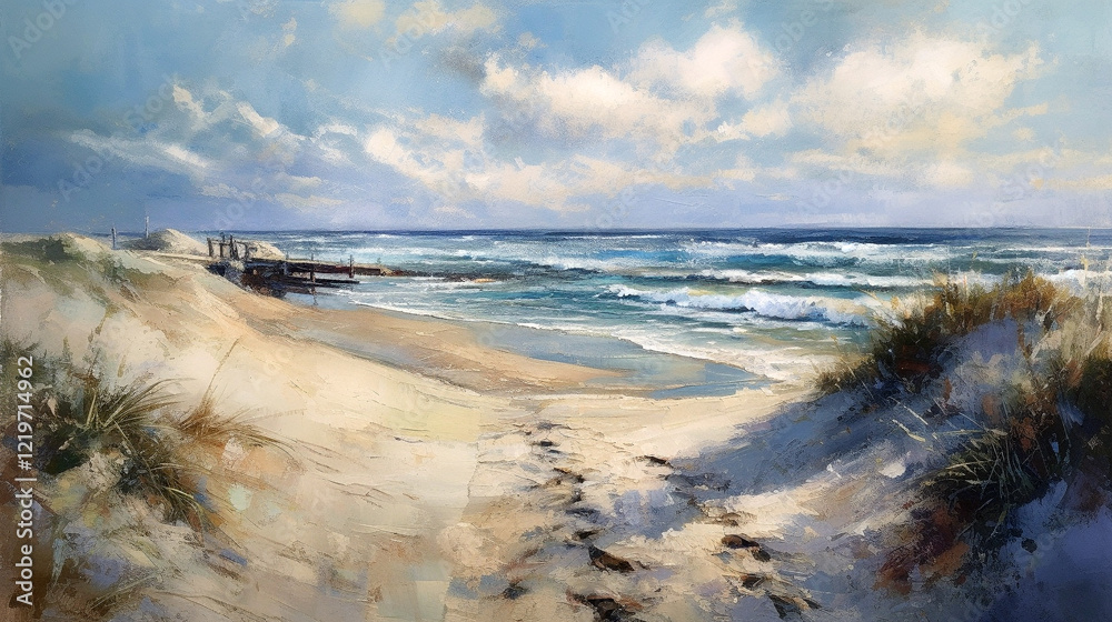 impressionism oil painting with thick impasto brush strokes of waves on a sandy beautiful beach with puffy clouds. using muted browns, blues, and white. impressionism oil painting with thick impasto brush strokes of waves on a sandy beautiful beach with puffy clouds. using muted browns, blues, and white.