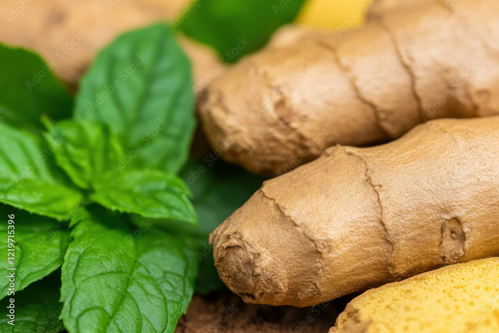 A bunch of ginger root is on top of a green leaf A bunch of ginger root is on top of a green leaf