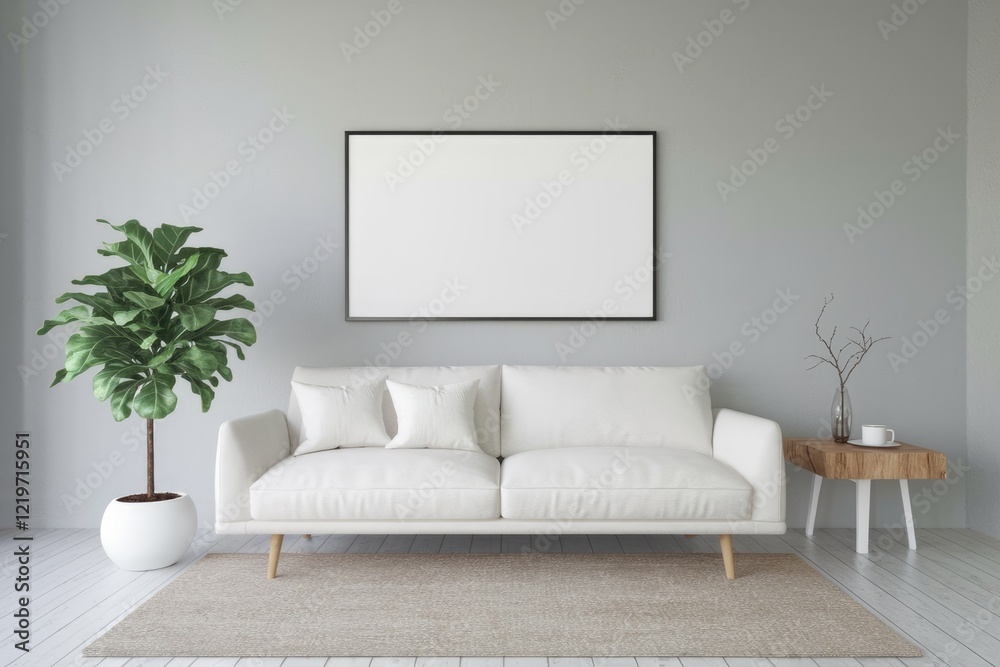 Fototapeta premium Minimalist living room with a white sofa and a large empty frame above it.