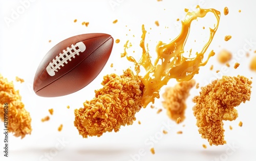 Flying crispy fried chicken tenders drenched in honey mustard sauce, a football bouncing in action, celebrating the Super Bowl spirit, captured in motion on a clean white background photo