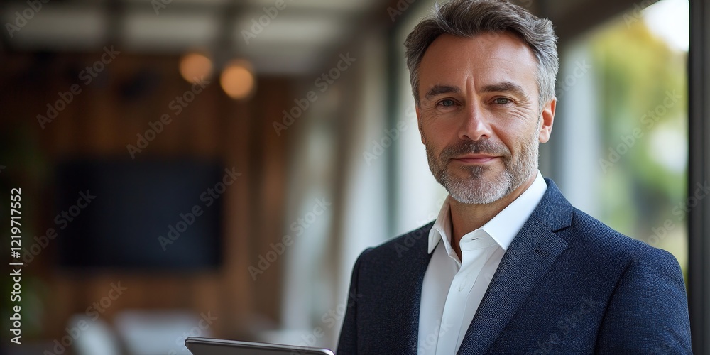 A businessman analyzing financial data on a tablet in a corporate setting. Perfect for illustrating growth strategies, investment, and business analytics.