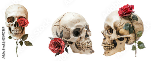 Three Artistic Skulls with Roses on Transparent Background for Creative Use