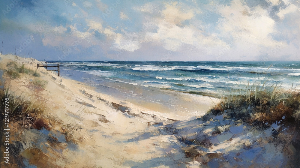 impressionism oil painting with thick impasto brush strokes of waves on a sandy beautiful beach with puffy clouds. using muted browns, blues, and white. impressionism oil painting with thick impasto brush strokes of waves on a sandy beautiful beach with puffy clouds. using muted browns, blues, and white.